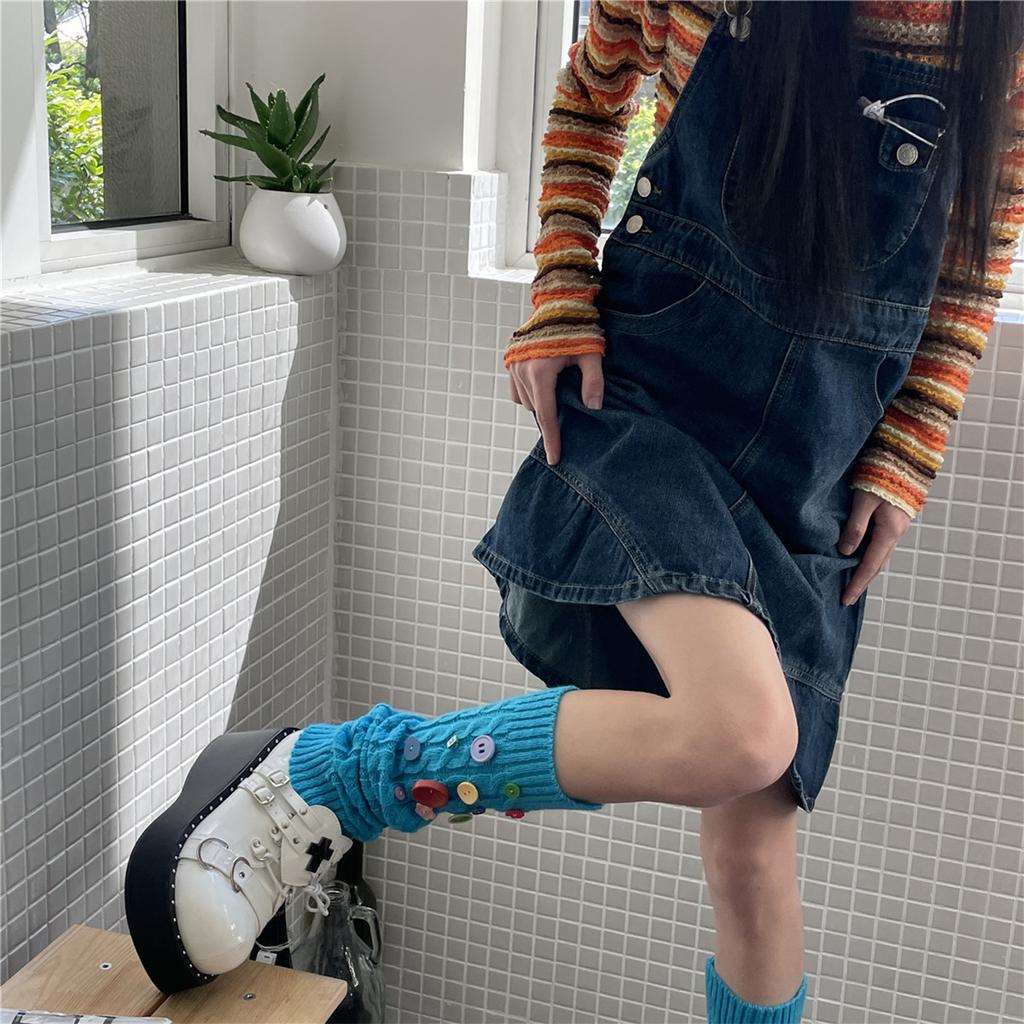 Y2K Czysta, ręcznie robiona przypinka na guziki Wielobarwne legginsy Ocieplacze Skarpety ułożone Skarpetki dziewczęce do połowy łydki Pończochy