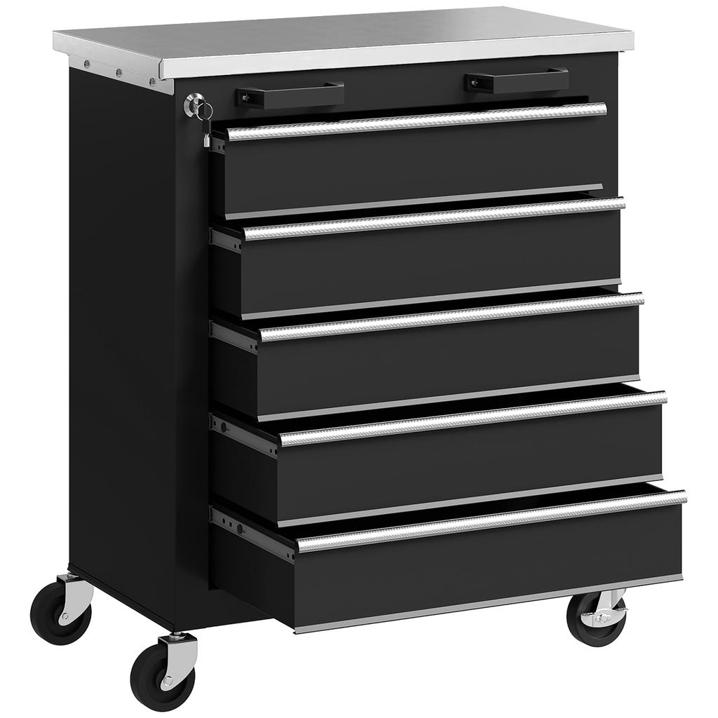 Tool Cabinet with 5 Drawers, Rolling Tool Chest, Tool Cart Made of Steel, Silver Tone+Black