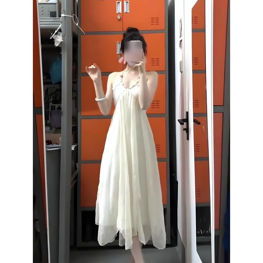 On the Run Princess Dress Luoyue Flower God Solid Color Big Halter Neck Suspender Dress Women's Casual Strap Long Dress