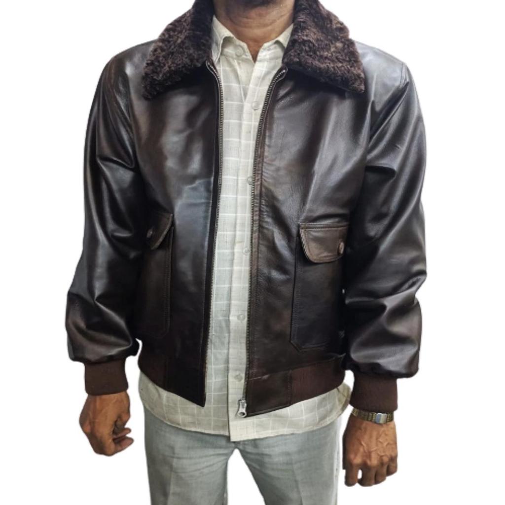 NOORA Mens Brow Bomber Genuine Lining Warm Leather Jacket, Mens Leather Jacket