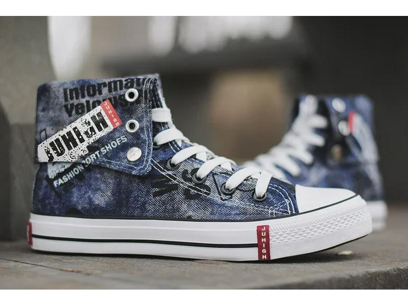 Men's Trendy High-Top Canvas Shoes, Black & Blue Denim, Foldable Upper, Casual Breathable Sneakers for Spring & Summer