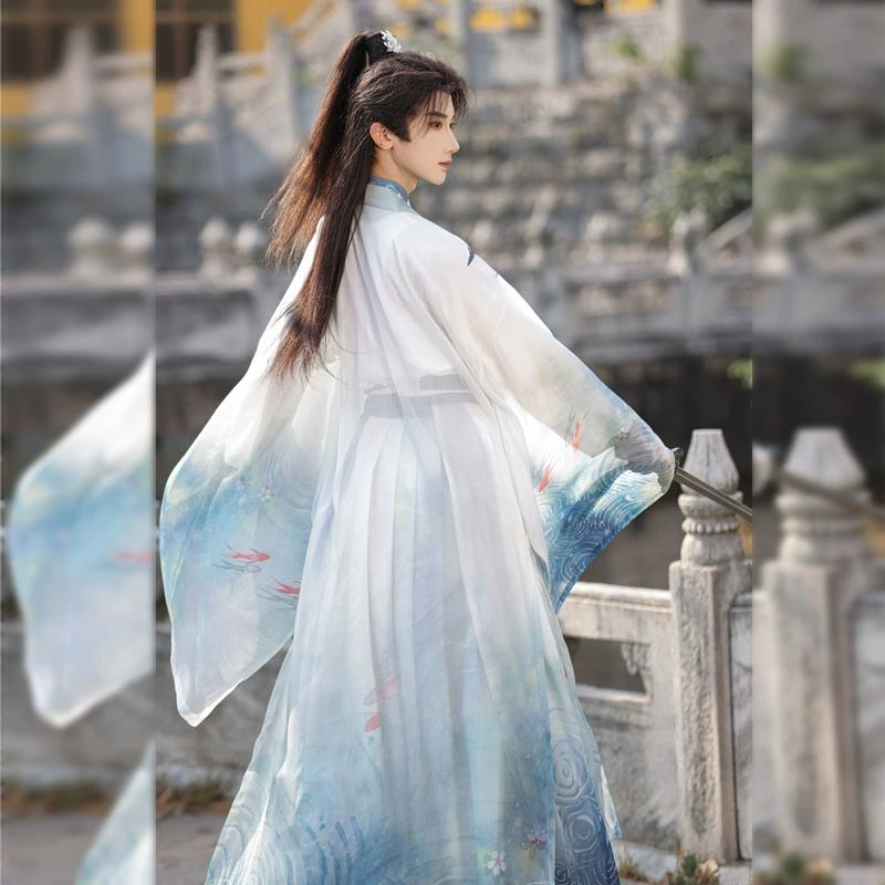 Chinese Wei Jin Dynasty Style Hanfu For Handsome Men, Martial Arts Style Cross Collar Sleeve One-piece Skirt Print Set