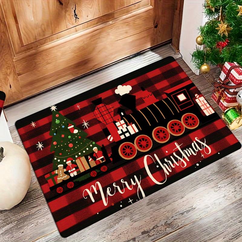Flannel Thickness 0.47inch - 1pc Classic Christmas Red and Black Striped Door Mat, Red Train Print Absorbent Non-Slip Area Mat,