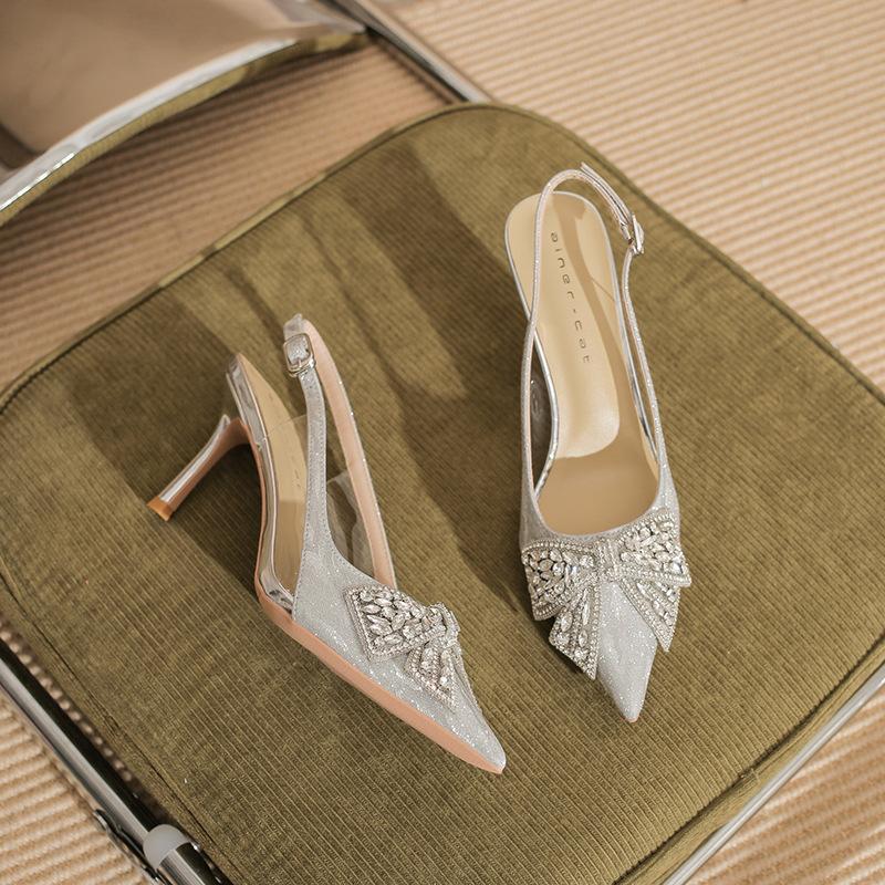 

7520-5 [sheepskin] high-heeled wedding shoes women s thin heels summer 2025 new pointed rhinestone bow sandals 39