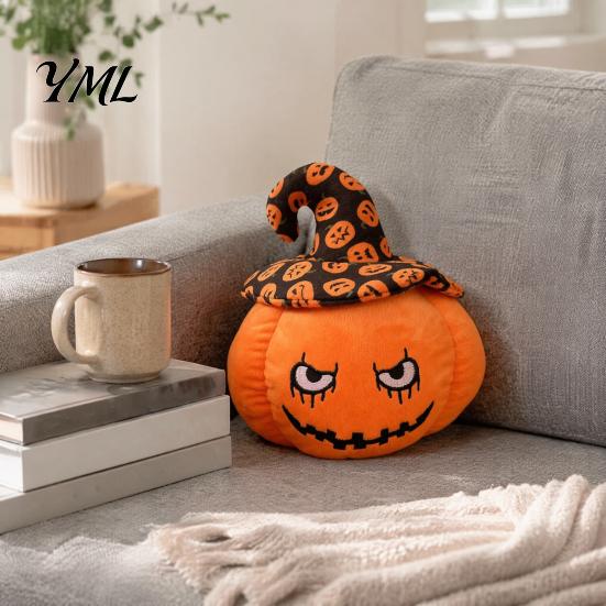 Creative Halloween Holiday Gift Pumpkin Plush Toy, Cute Wizard Hat Stuffed Animal Pillow for Smiling Plushie Sofa Bed, Spooky Home Decor Ornament