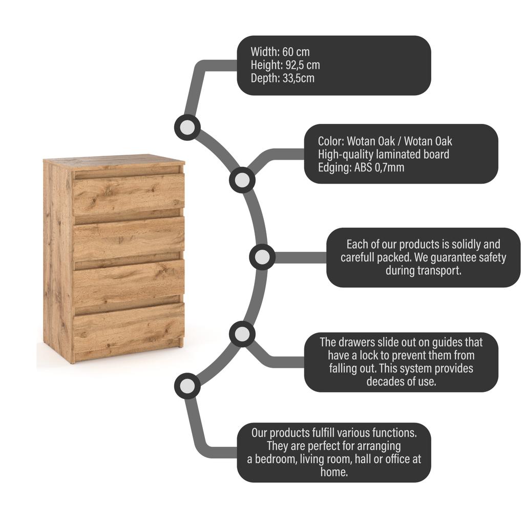 Chest of Drawers Oak Wotan 60 CM 4S TV Cabinet Furniture for Living Room Bedroom