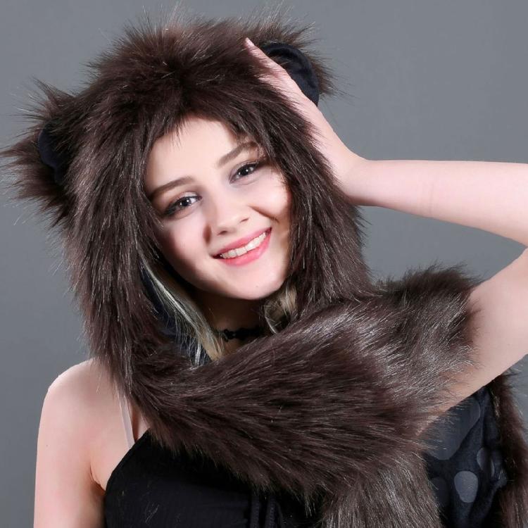Plush Animal Ear Hat for Adult Unisex Earflap Gloves Scarf All In One Warm Trapper Hat Outdoor Activity Cold Weather Hat