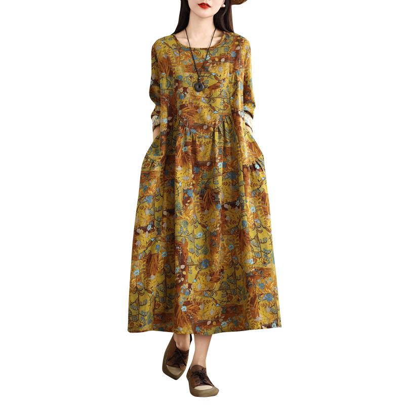 2025 Autumn New Retro Cotton and Linen Printing Round Neck Long-sleeved Dress for Women Loose Large Size Thin A-shaped Dress for Women