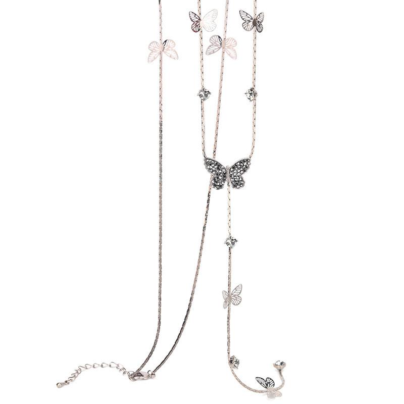 Elegant Korean Style Rhinestone Butterfly Tassel Sweater Necklace For Women