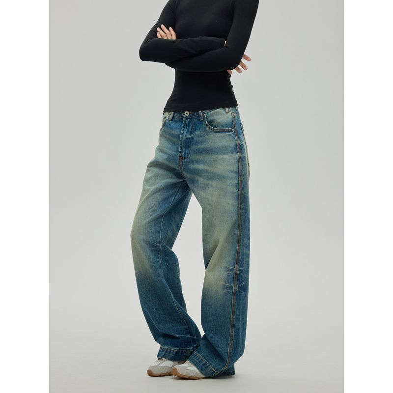 Black of Exit American Retro Washed Distressed Blue Slim-Fit Trousers Basic Versatile Jeans for Men