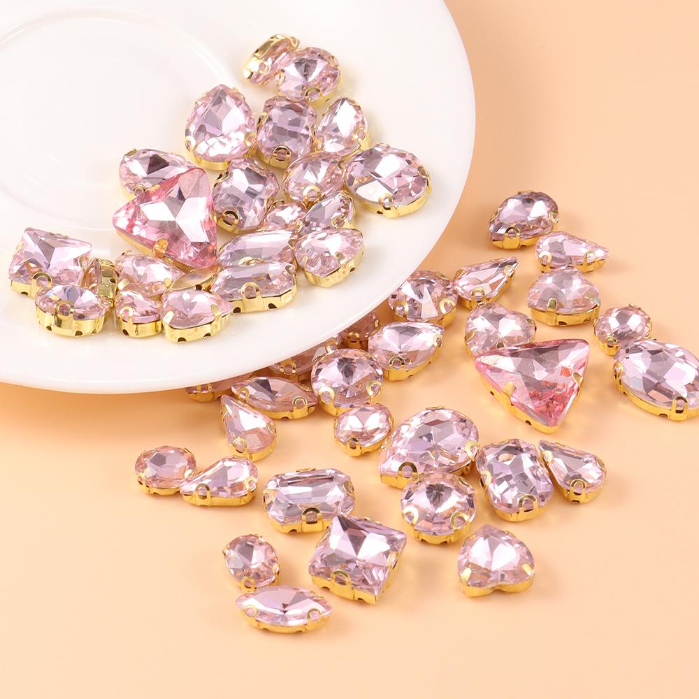 Mixed size glass rhinestone with claw cut diamond on stone bar, K gold base metal crystal, used for embroidery 50 pieces/pack