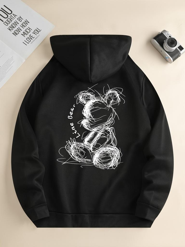 Fashionable men's autumn minimalist teddy bear print soft and comfortable hooded sweatshirt outdoor urban high street clothing