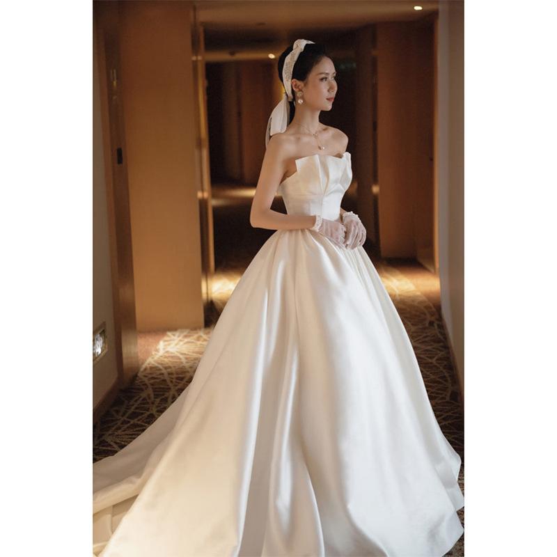 French tube top main wedding dress   new bride high waist pregnant woman satin flat super fairy simple Hepburn thin woman