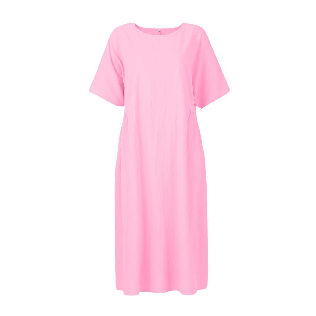 Damen-Sommerkleid, groß, locker, einfarbig, Baumwolle, Leinen, Rundhalsausschnitt, kurze Ärmel, Tasche, mittellanges Kleid