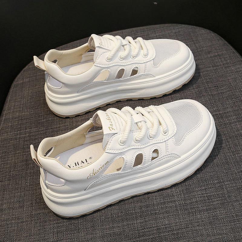 Baotou Sports Sandals Women's Hollow Breathable Hole Shoes Summer New Thick-soled Leather Mesh White Board Shoes