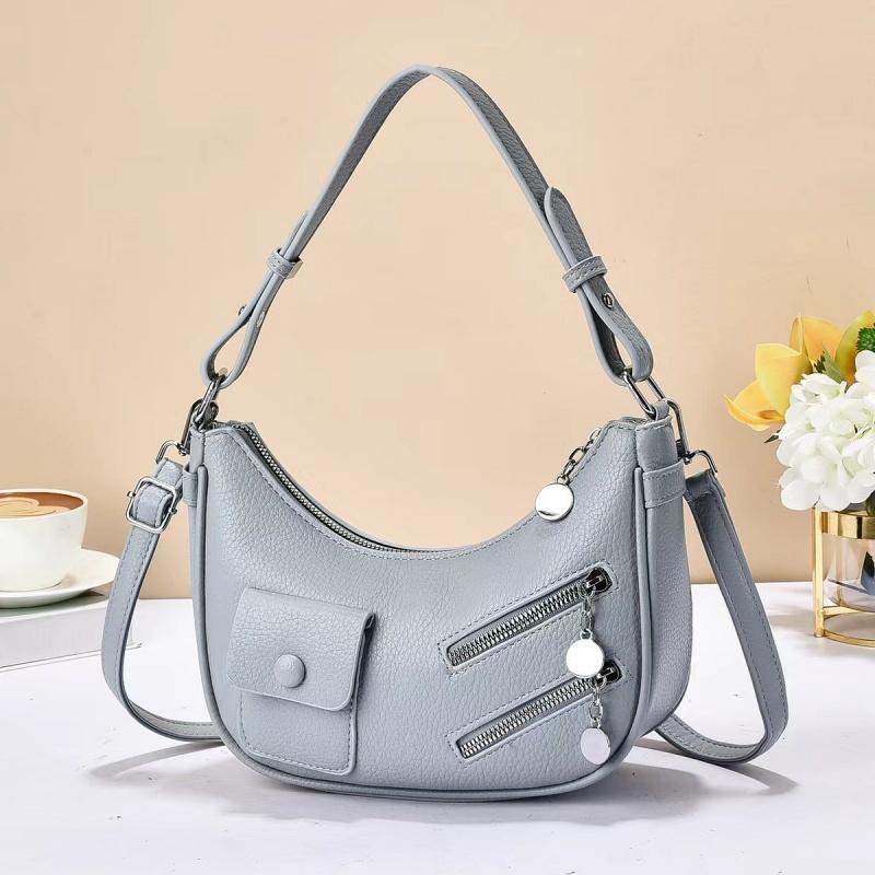 Fashionable Crescent Shoulder Bag with Multiple Zippers and Pocket Details Simple Crossbody Bag Solid Color Suitable for Daily Shopping