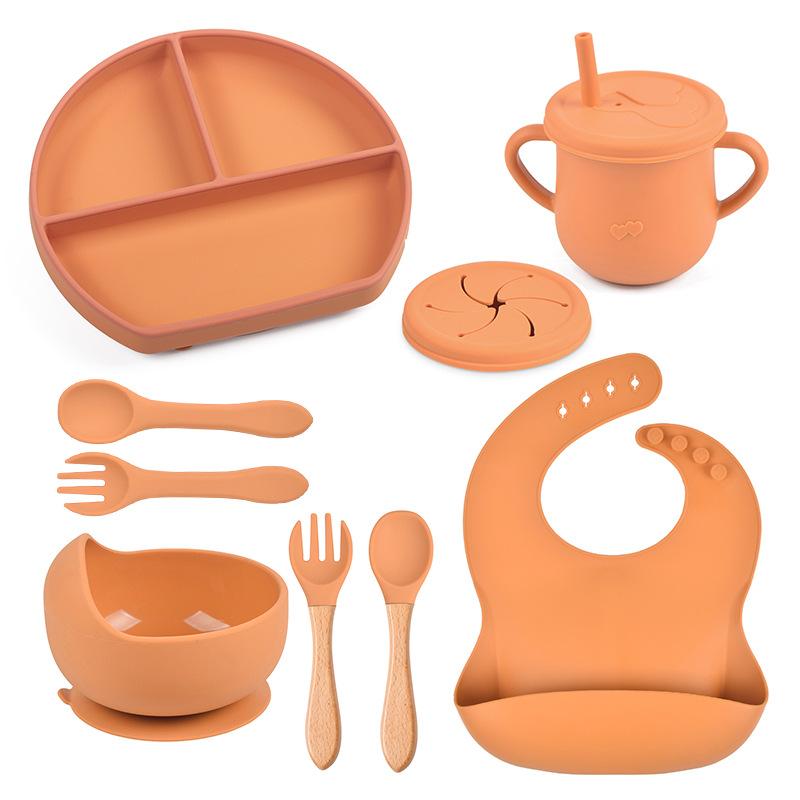 9 Pcs Baby Silicone Bib Divided Dinner Plate Sucker Bowl Spoon Fork Straw Cup Set Training Feeding Food Utensil Dishes