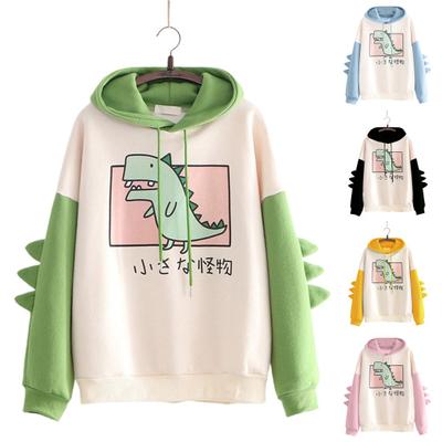 Women Hoodie Dinosaur Print Contrast Color Campus Loose-fitting Warm Sweatshirt for Daily Wear