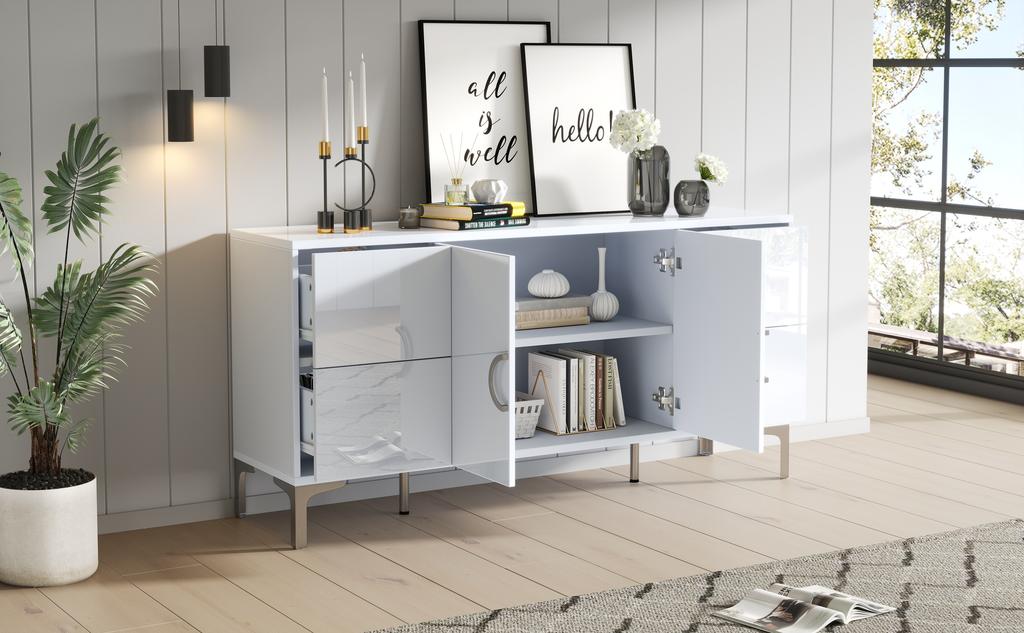 Mobiletto Laterale 150*38*59,5cm con 4 Cassetti, 2 Ante, Credenza Lucida, Piedini di Supporto in Metallo, Ampie Nicchie Senza Maniglie, Bianco, MDF