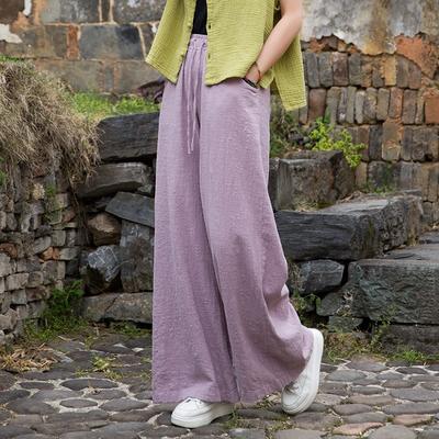 Women Vintage Straight Pants Elastic Waist Solid Color Trousers Summer Soft Pockets Belt Pants