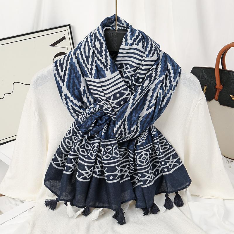 

Women Tassels Printed Scarf Thin Soft Line Viscose Long Shawl Luxury Designers Foulard Pareos Muslim Female Turban