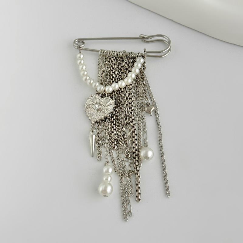 Metal Chain Pendant Long Tassel Brooch For Women Handmade Beaded Suit Coat Pins Jewelry Accessories