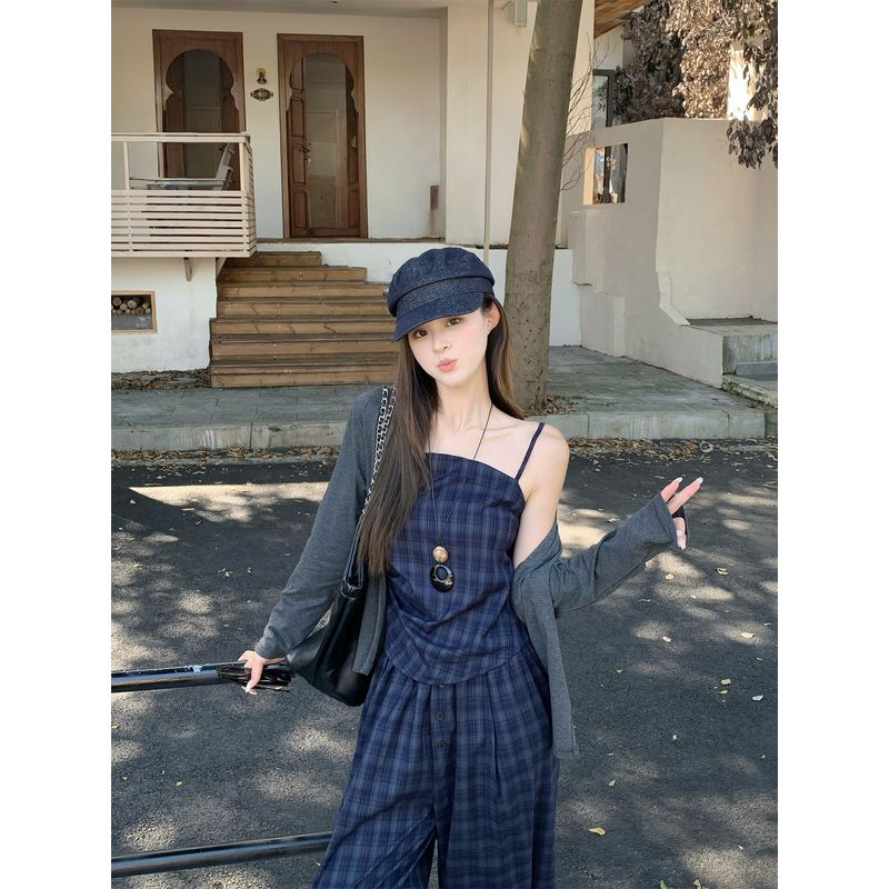 Kumikumi Pure Desire Style Temperament Long Sleeve Cardigan Underwear Spaghetti-Strap Slip Women's Autumn Lattice Loose Pants Three-Piece Set