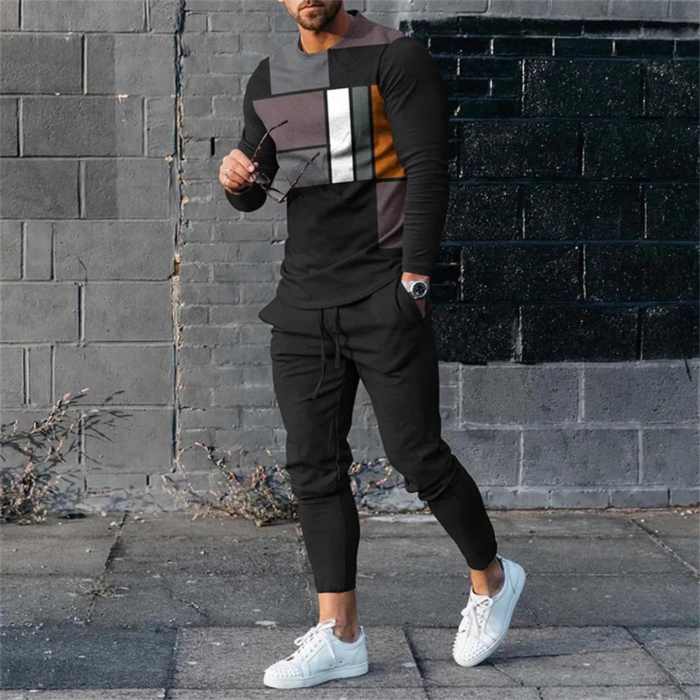 Jogging Sweatshirt Set Men's Color Contrast Stitching 3D Printing Fashion Casual Spring Autumn Sailor Collar Sweatshirt And Pant