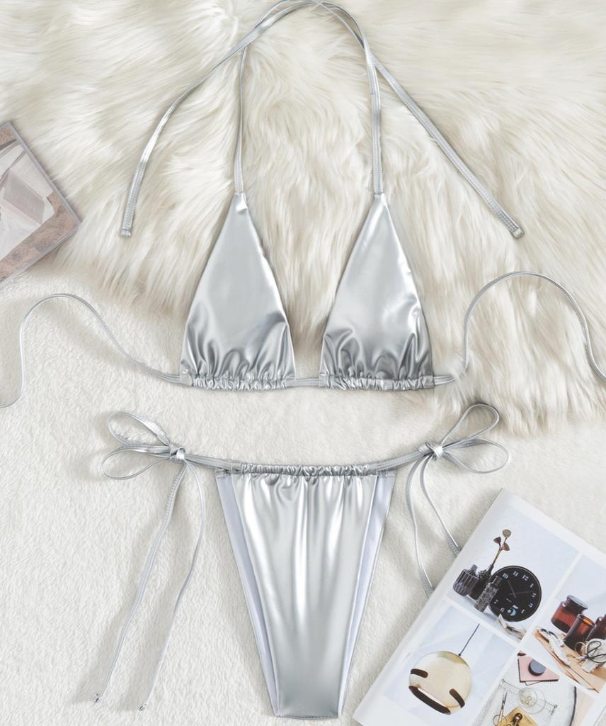 Women's Swimsuits Sexy Solid Color Leather Halter Neck Side Lace Bikini Split Set Beachwear Bathing Suits