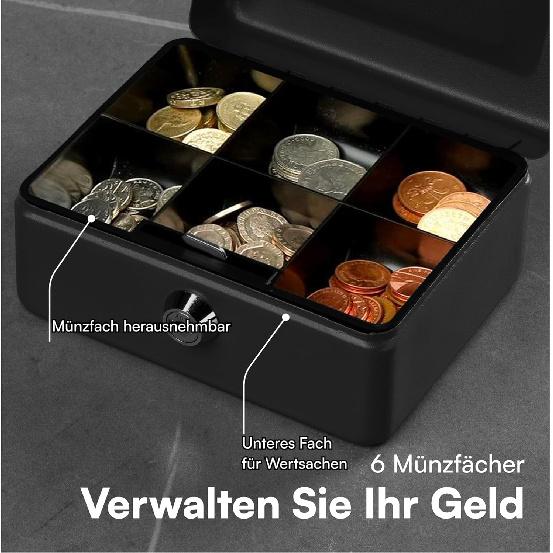 Petty Cash Tin Steel Money Safe Box with Lock 2 Keys - Black