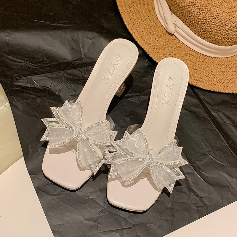 2024 New Sandals Women Bow Crystal High Heels Slippers Summer Shoes Designer Slingback Flip Flops Sexy Shoes Dress Pumps Slides