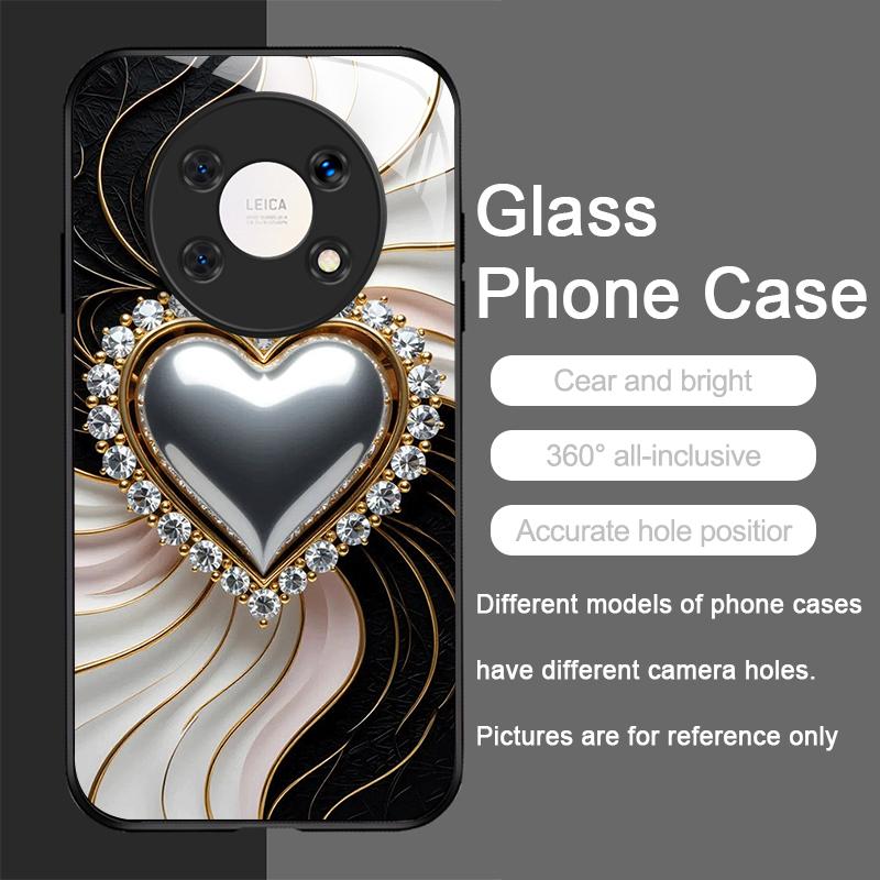 Stylish Black White Heart with Pearls Tempered Glass Phone Case for Huawei Honor 200 100 90 80 Magic 7 Pro 6 5 Lite X9 X8 Covers
