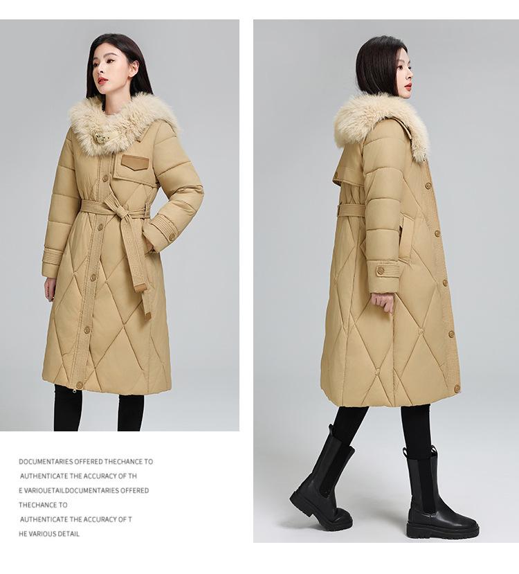 Stor størrelse Høst og vinter damefrakk ensfarget pelskrage midje slanking mellomlang fortykket vindtett damejakke