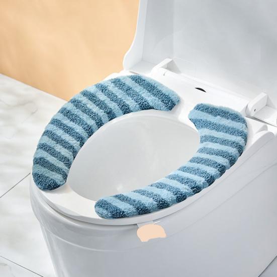 1 Pair Toilet Mat Striped Pattern Thickened Design Plush Warm Toilet Seat Protector Easy Installation Bathroom Mat