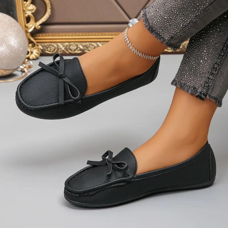 2024 Übergröße Damen Schuhe Slipper Damen Ballerinas Lässige Bohnen-Ballerinas Damen Schleife Runde Zehe Weiche Sohle Outdoor Damen Schuhe