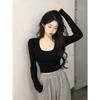 Women's U Neck Long Sleeve T-Shirts Slim Fit Solid Casual Fall Cropped Tops