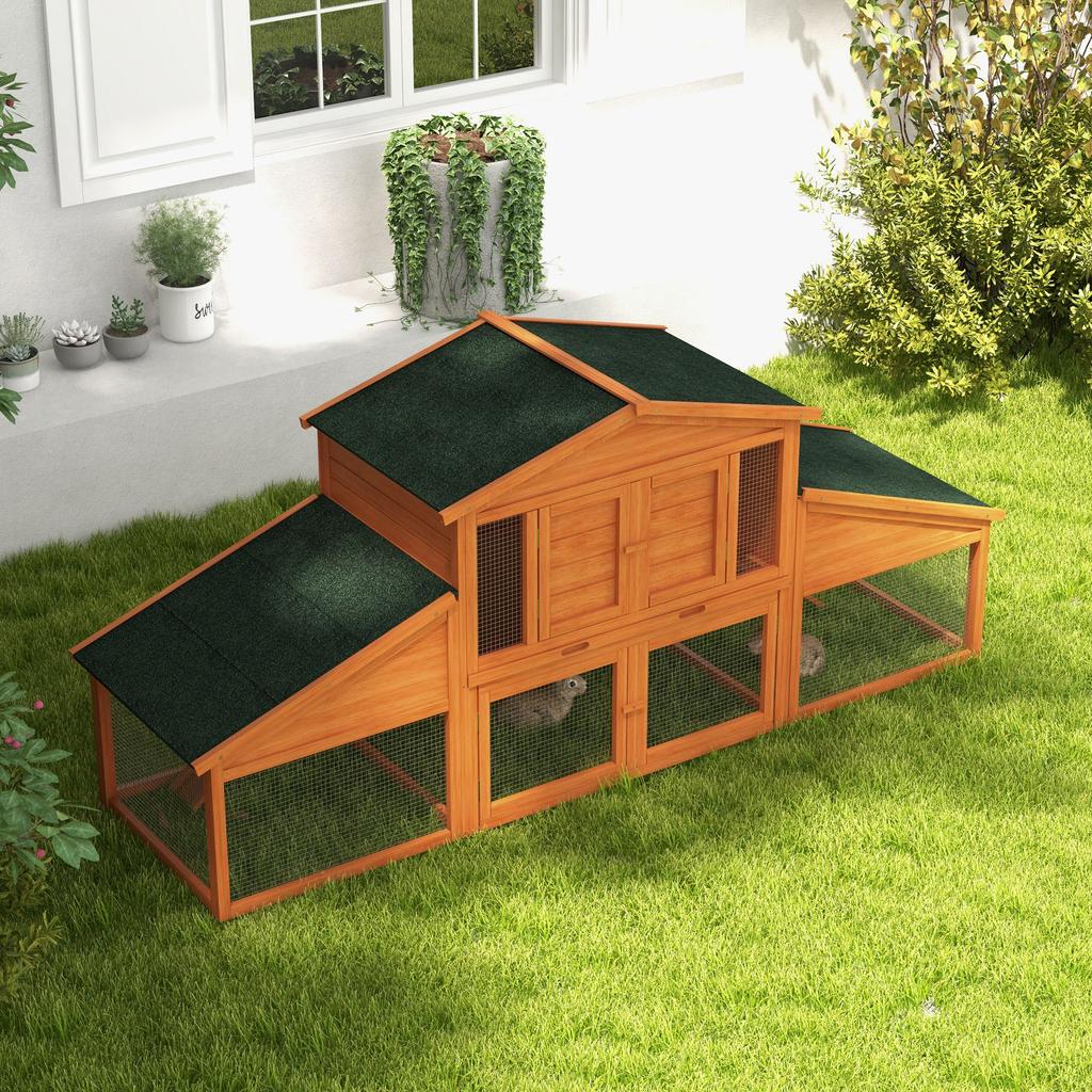 Hutch Cage for Rabbits Rodents Chicken Coop XXL 2 Levels 2 Runs Droppings Tray 2.25L X 0.70W X 1H M Solid Pine Wood