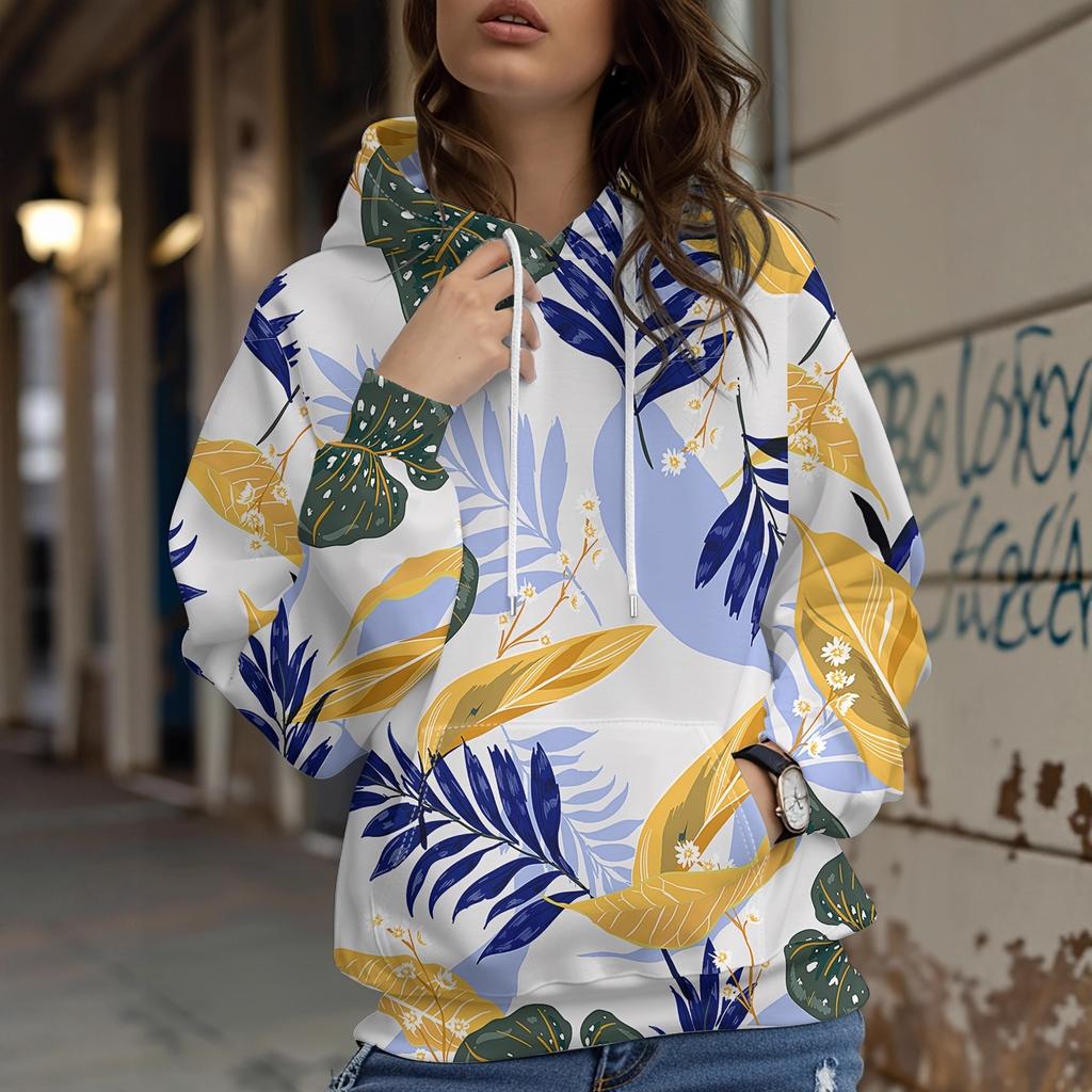 Autumn and Winter Ladies 3D Leaf Flower Print Hooded Comfortable Fashion Breathable Trend Hoodies & Sweatshirts (women’s)