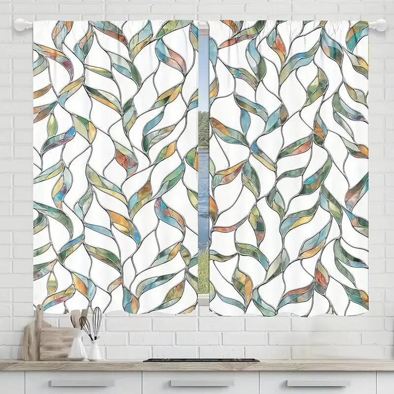 Set Of 2 Colored Imitation Glass Leaf Pattern Printed Curtains Window Decoration Home Room Curtain Polyester