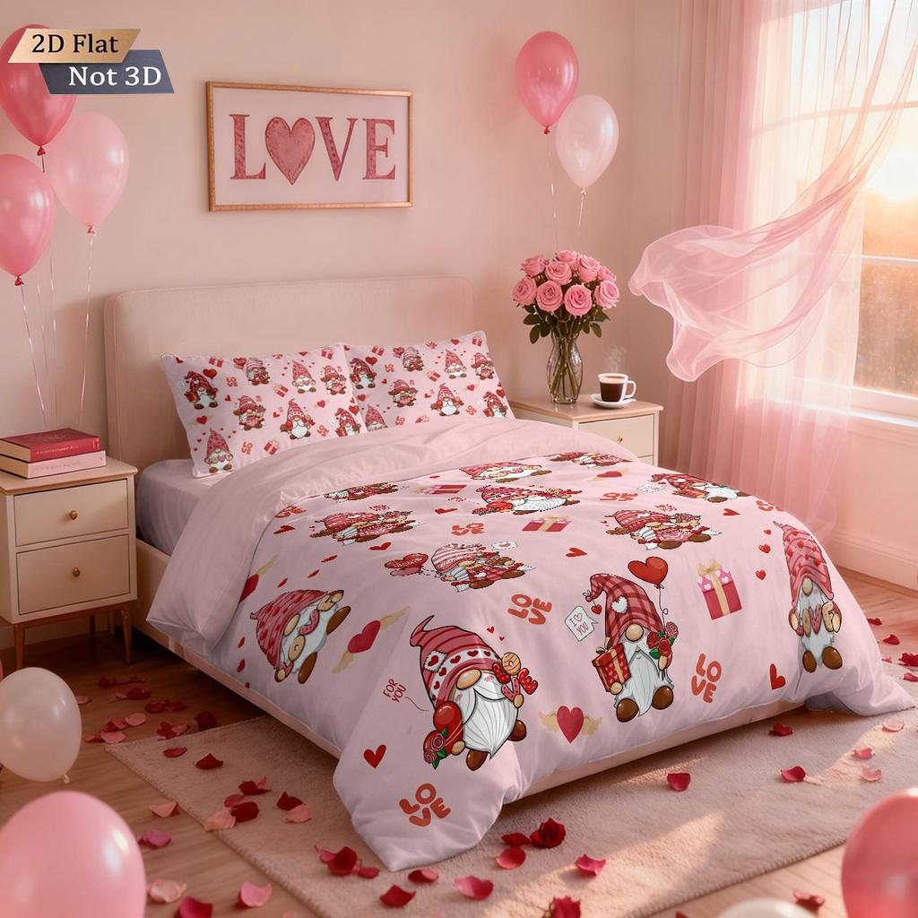 3-teiliges Valentinstag Romantische Liebe Goblin-Druck Daunendeckenbezug-Set Mehrere Größen Schlafzimmer Bettwäsche Dekoration Maschinenwaschbar
