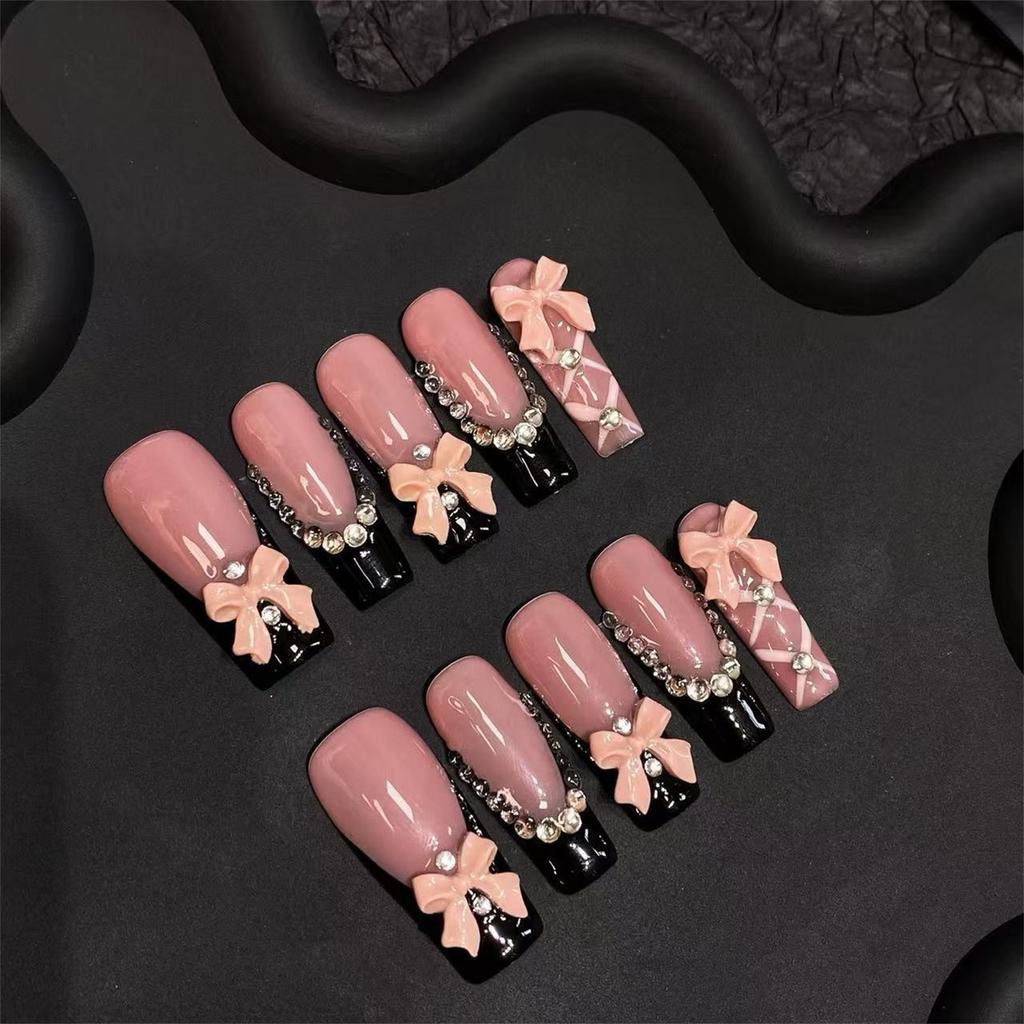 10pcs Press On Nails Black French Style 3D Ribbon Knot Design for Women Reusable Press On Nails for Parties Weddings
