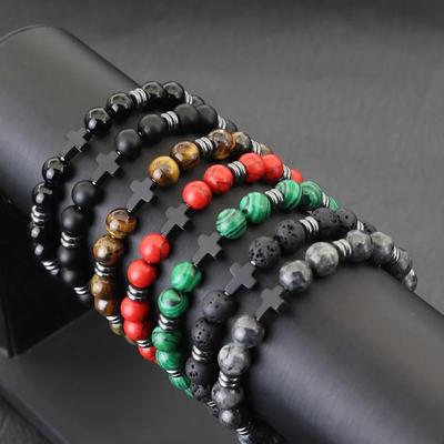 Pulsera de Cruz para Hombre Elegante con Cuentas de 8 mm Roca Volcánica Ojo de Tigre Piedra Malaquita Pulsera de Hilo Hombre Hematita Pulsera