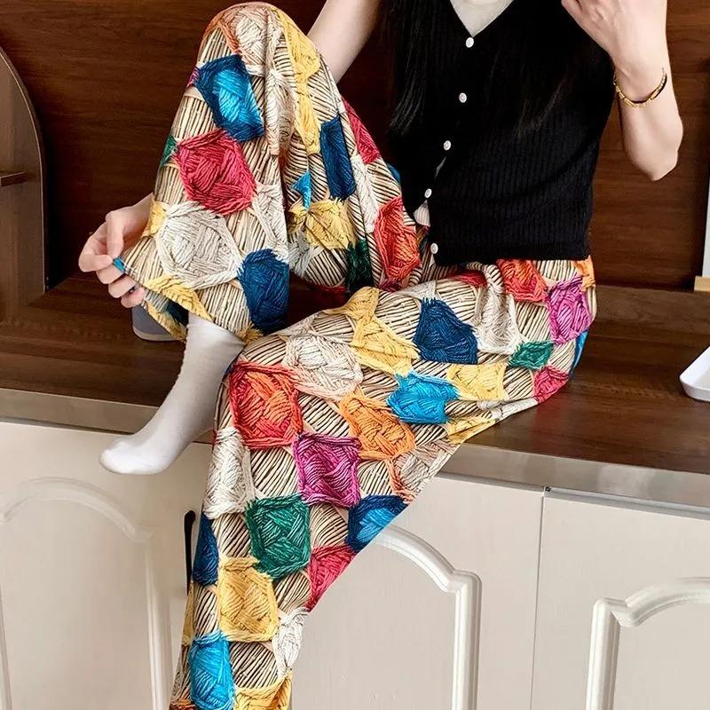 Women Bohemian Floral Print Wide Leg Pants Elastic Waist Casual Trousers Summer