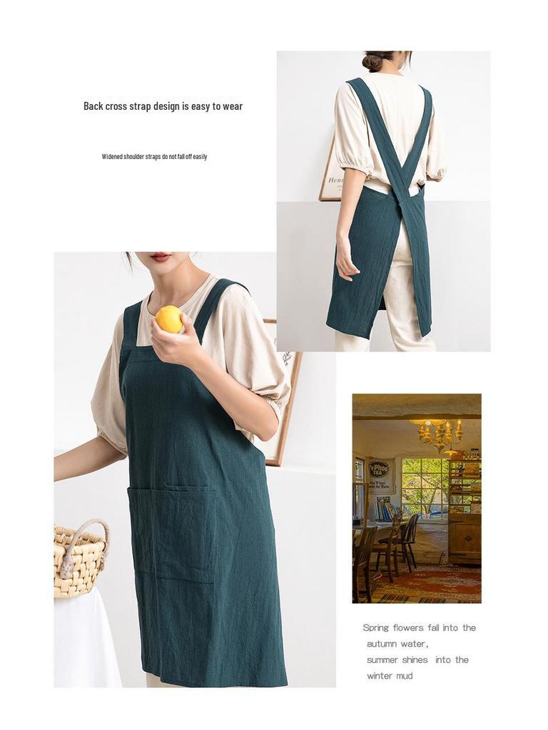 Japanese & Korean Retro Cotton Linen Apron with Logo, Tie-Free Design for Home, Flower Shop, or Painting Use