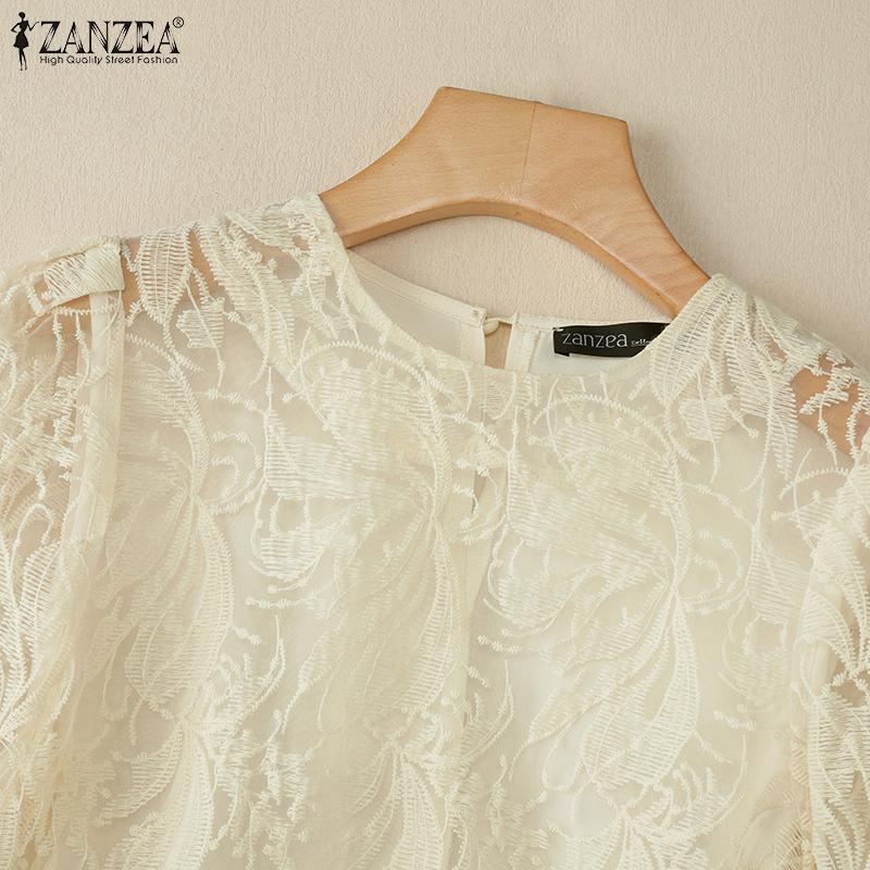 ZANZEA Damen Casual Lace Patchwork Sommer Kurzarm Bluse