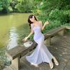 French Beautiful Seaside Vacation Purple Mesh Suspender Dress Women's Pure Desire Sexy Waist Hip Fish Tail Dress