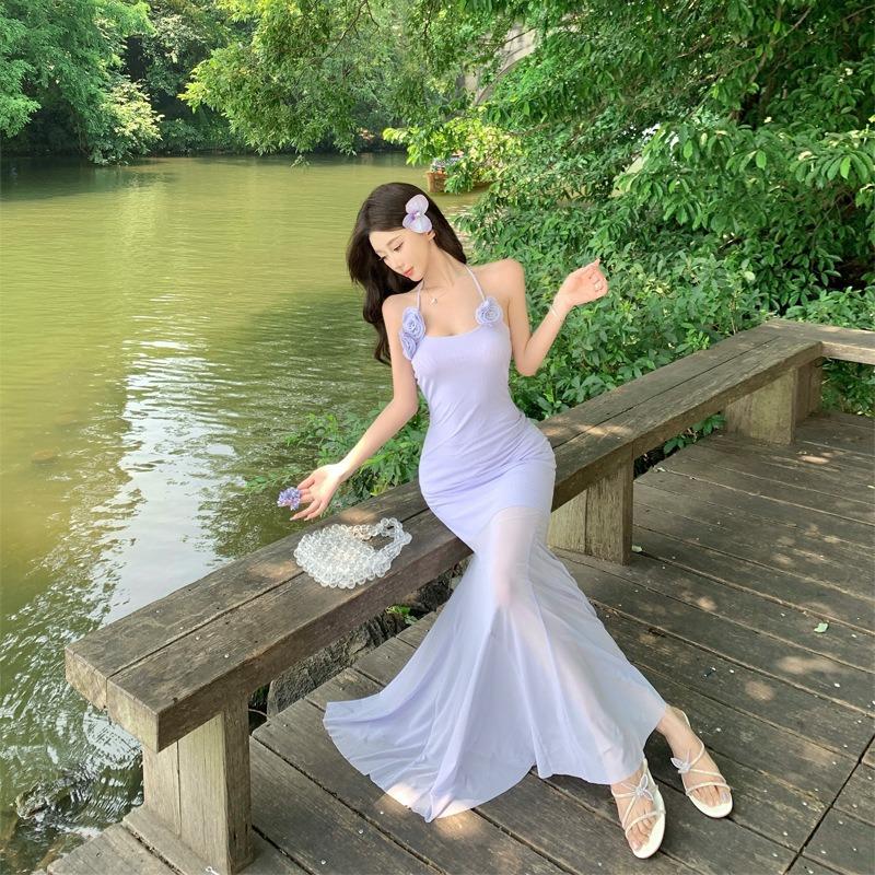 French Beautiful Seaside Vacation Purple Mesh Suspender Dress Women's Pure Desire Sexy Waist Hip Fish Tail Dress