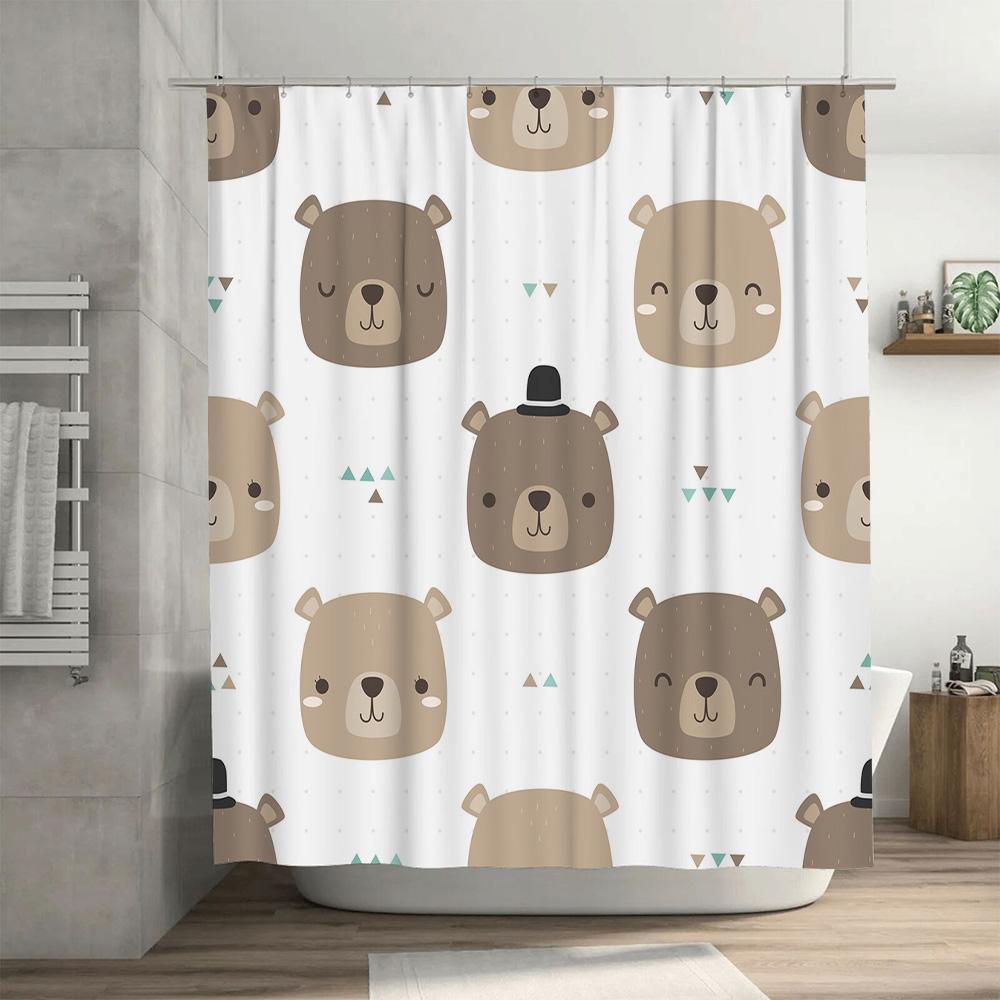 Modern Family Bathroom Decor Shower Curtain Set with Cute Bears Cartoon Pattern White Background Bath Mat for Kids Room Home Dec