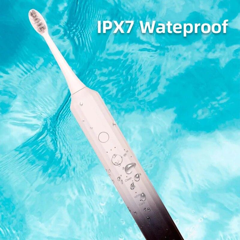 Elektrische Schallzahnbürste, wiederaufladbar über USB, IPX7, wasserdicht, elektronisch, aufhellend, Ersatzköpfe für Zahnbürsten für Erwachsene