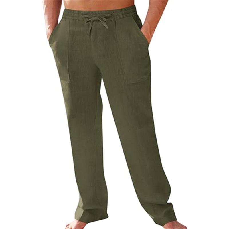 Men's Linen Casual Trousers with Elasticated Waistband Solid Colour, Relaxed Straight Leg with Drawstring Breathable and Stylish Long Trousers